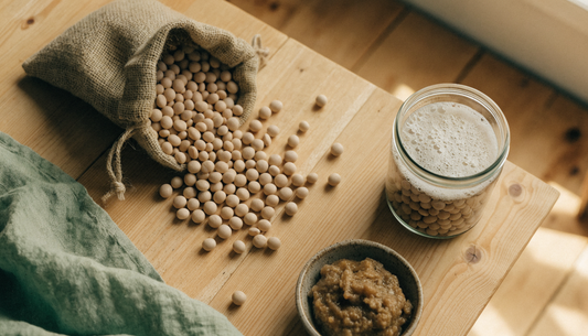 Whole soybeans, a jar of fermenting soybeans, and a bowl of miso paste on a rustic wooden table