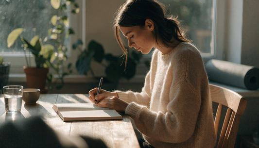 Woman journaling by a sunny window during a calm morning wellness routine