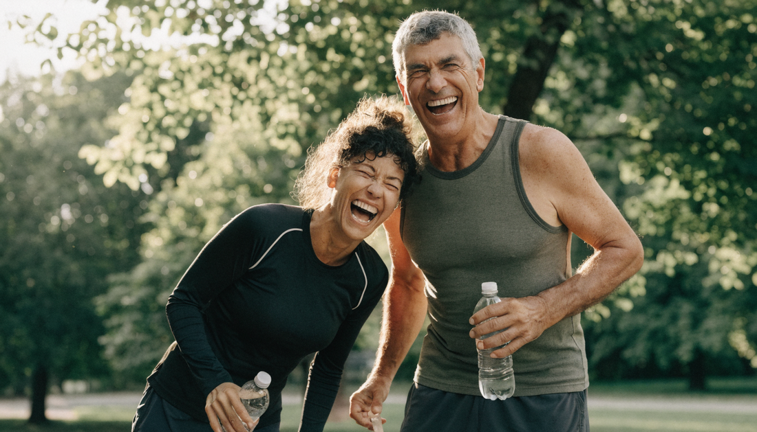 Active couple laughing together after a morning jog in a leafy park