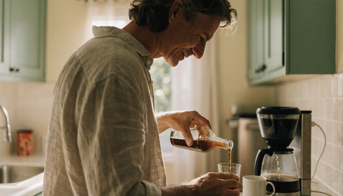 Man in a bright kitchen pouring a small morning serving of Haelan 951 fermented soy beverage while coffee brews