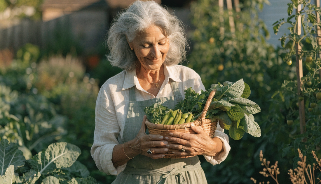 Vibrant older woman gardening with a basket of fresh greens, representing healthy aging