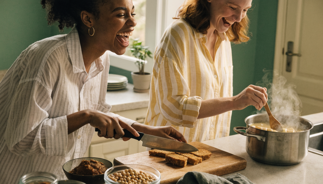Two friends cooking tempeh and miso soup together in a bright kitchen