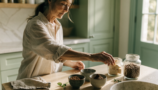 A woman arranges jars and ceramic bowls of miso paste, tempeh, and soybeans on a sunlit kitchen counter while organizing her fermented foods pantry