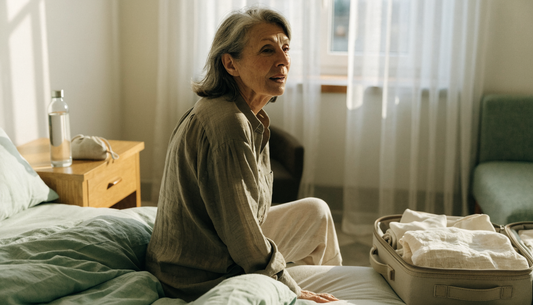A woman sits on the edge of a bed in a sunlit hotel room beside an open carry-on suitcase and a glass water bottle, keeping her wellness routine while traveling