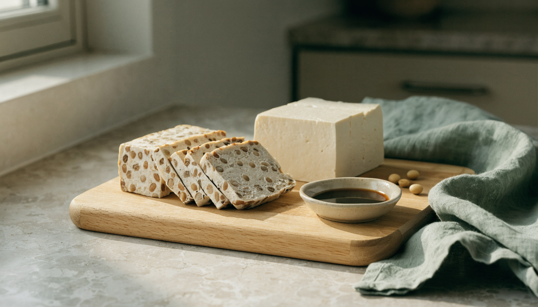 Sliced tempeh cake showing whole soybeans bound in white mycelium beside a partly sliced block of firm tofu on a light oak cutting board with dried soybeans and a sage green linen napkin