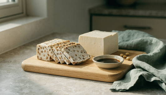 Sliced tempeh cake showing whole soybeans bound in white mycelium beside a partly sliced block of firm tofu on a light oak cutting board with dried soybeans and a sage green linen napkin