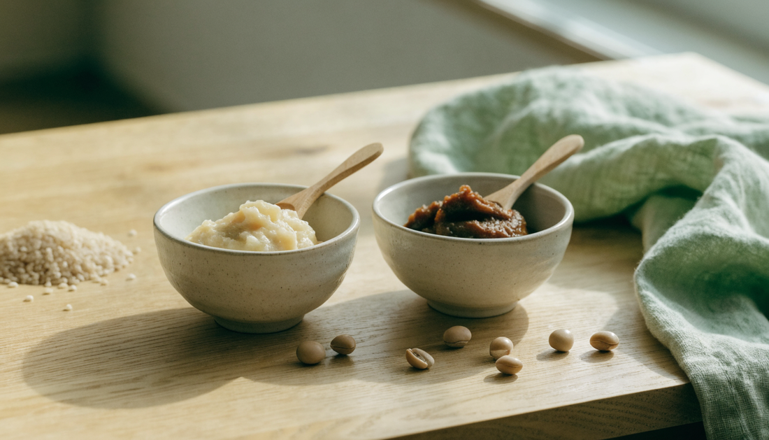 Two ceramic bowls side by side on a light oak table, one holding pale white miso paste and the other dark red miso paste, with wooden spoons, dried soybeans and rice koji nearby