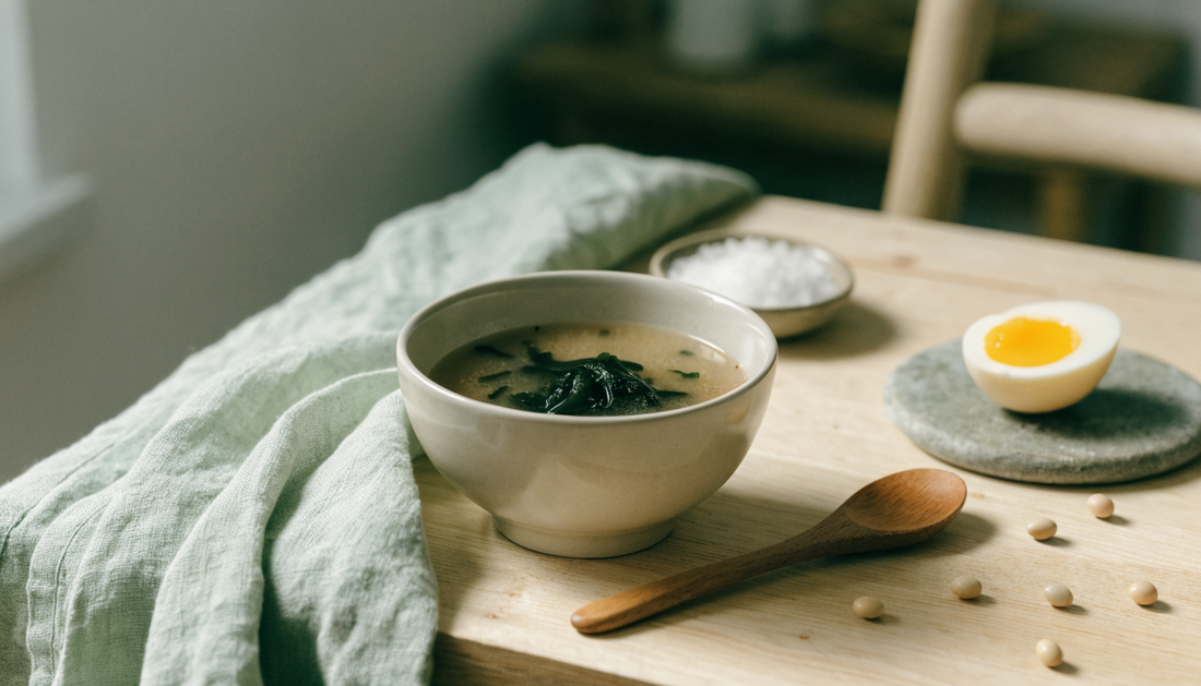 A bowl of miso soup with seaweed, whole soybeans, sea salt and a halved egg on a light oak table, illustrating soy and thyroid-supporting iodine foods