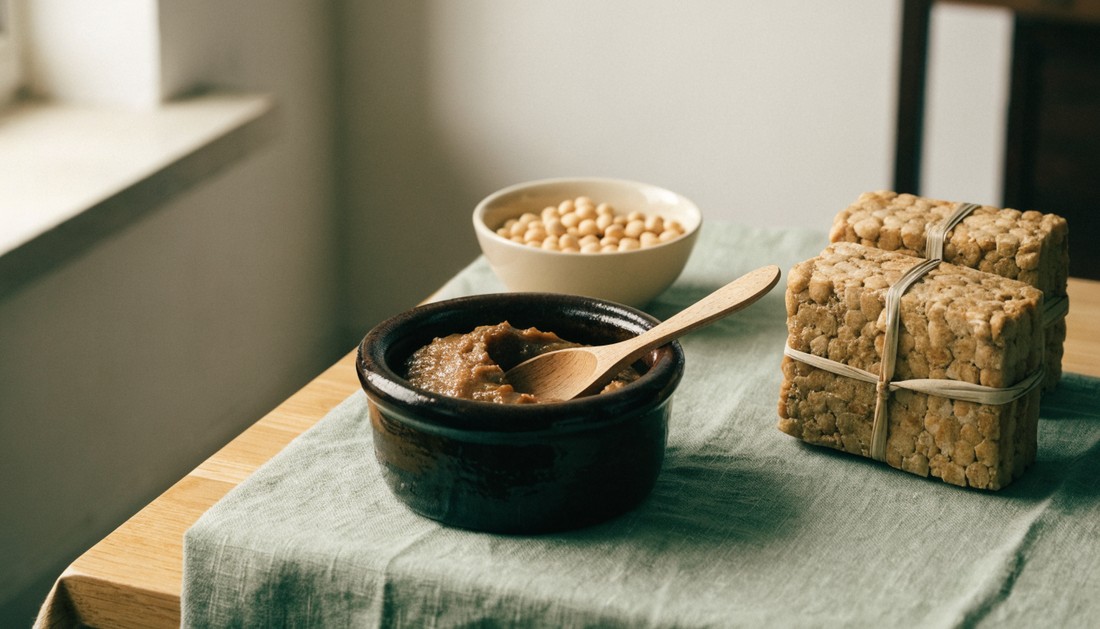 Doenjang, Korean fermented soybean paste, in an earthenware crock beside dried meju blocks and soybeans on a light oak table.