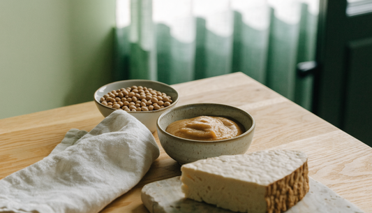 Whole soybeans, golden miso paste and a wedge of tempeh on a light oak table, showing the unfermented and fermented soy foods behind glucoside and aglycone isoflavones.
