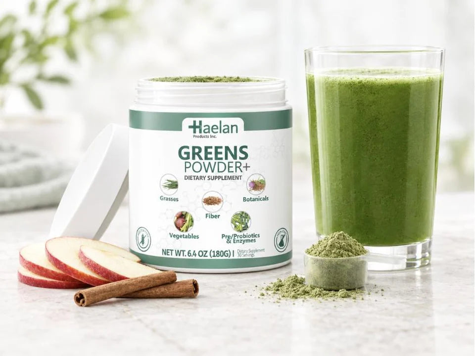 Greens Powder+ with a glass of greens, apple slices and cinnamon