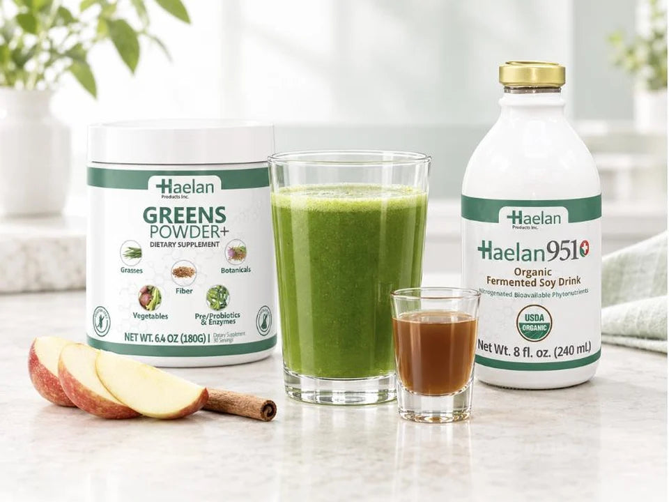Greens Powder+ and Haelan 951 with a glass of greens