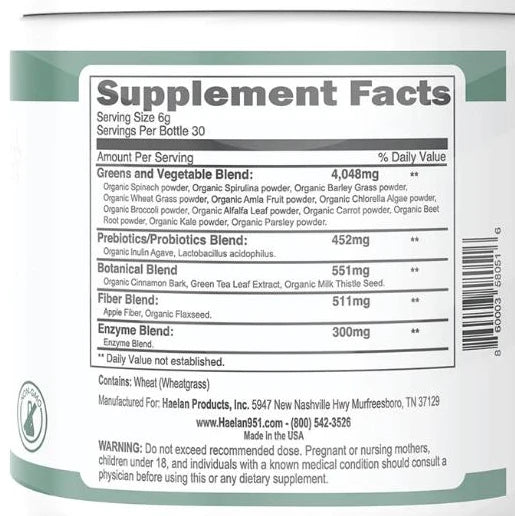 Greens Powder+ Supplement Facts label