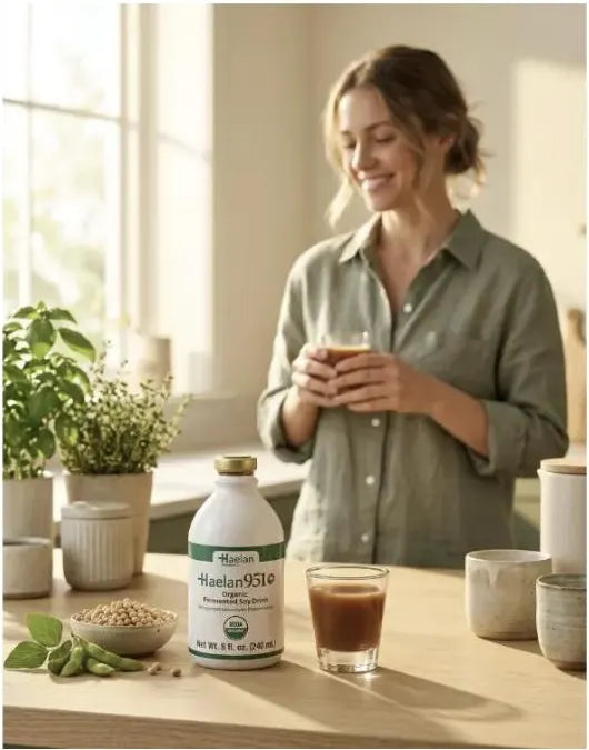 Haelan 951 and a one-ounce serving on a kitchen counter