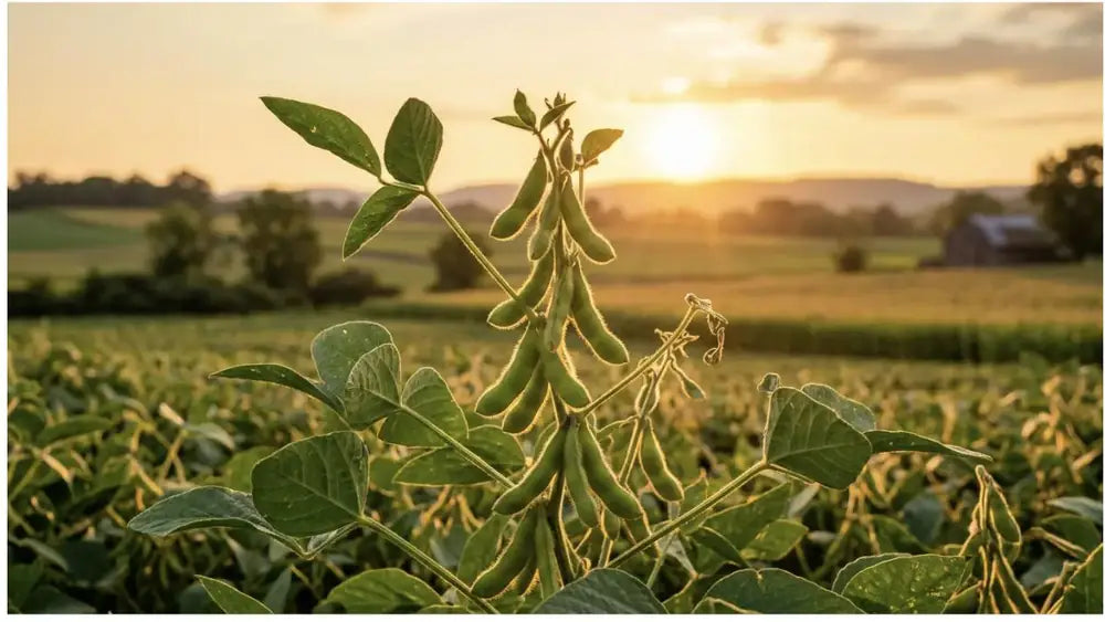 Organic soybean pods on the plant at golden hour